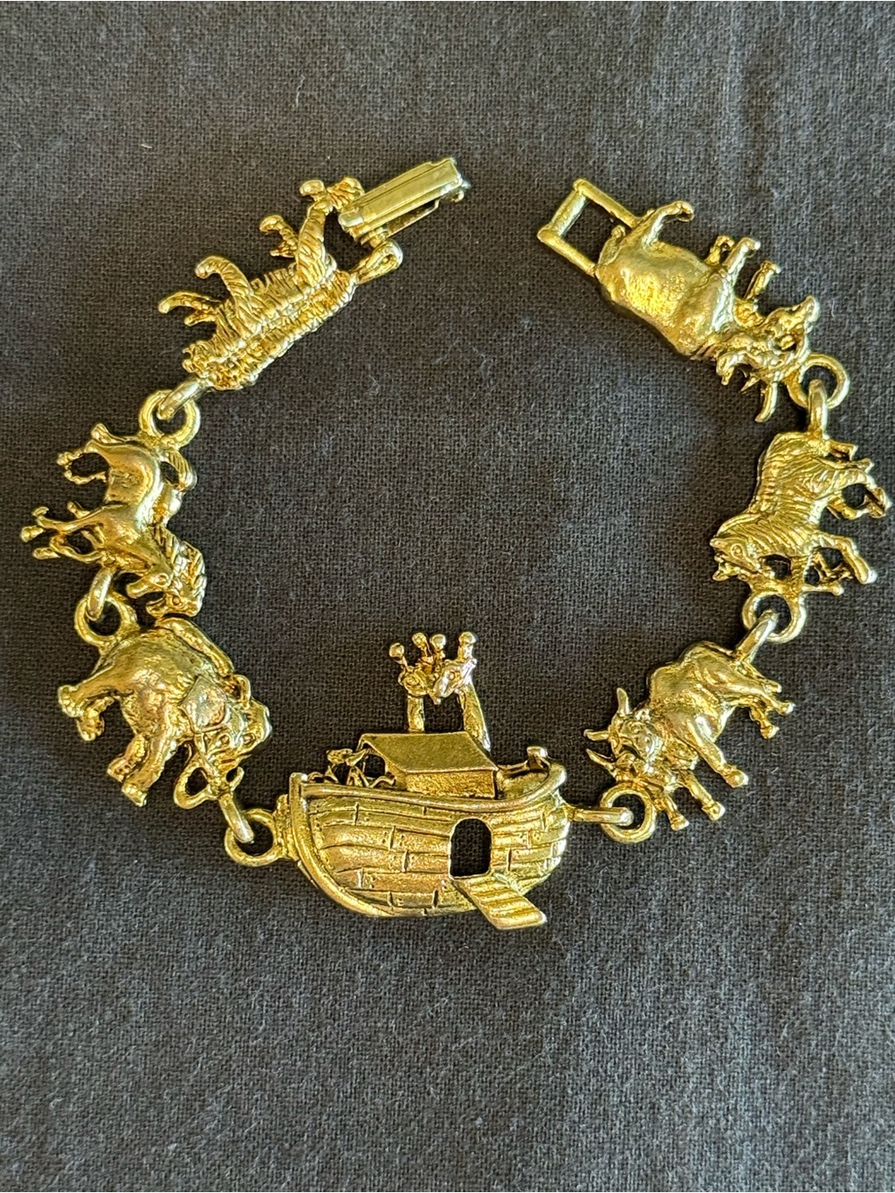 Noah’s Ark Link Bracelet Antique Gold Tone 7.75”